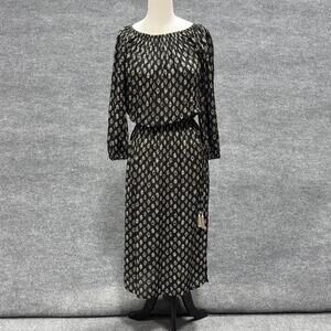 Coolchange Dress Womens Small Black Midi Peasant Elastic Waist Leaf Print Tassel